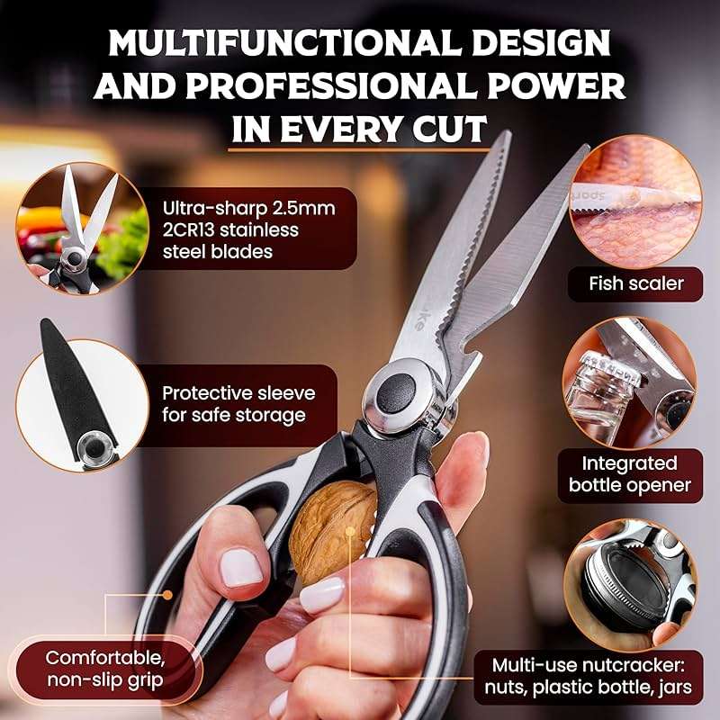 SpartaSake Premium Stainless Steel All Purpose Kitchen Shears with Sleeve - Heavy Duty Ultra Sharp kitchen Scissors for Food - Multipurpose Food Scissors for Meat Poultry Vegetable (Black-White) - Image 2