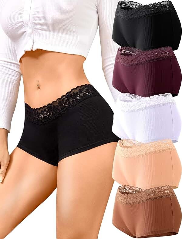 FINETOO Cotton Underwear for Women Boy Shorts Lace Boxer Briefs Soft Full Coverage Womens Panties 5 Pack S-XXL - Product Image