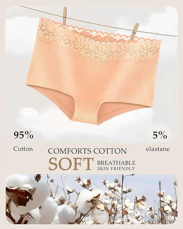 FINETOO Cotton Underwear for Women Boy Shorts Lace Boxer Briefs Soft Full Coverage Womens Panties 5 Pack S-XXL - Image 2