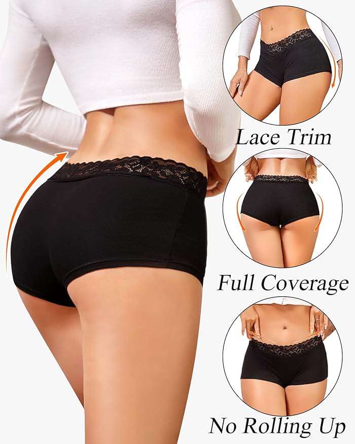 FINETOO Cotton Underwear for Women Boy Shorts Lace Boxer Briefs Soft Full Coverage Womens Panties 5 Pack S-XXL - Image 4