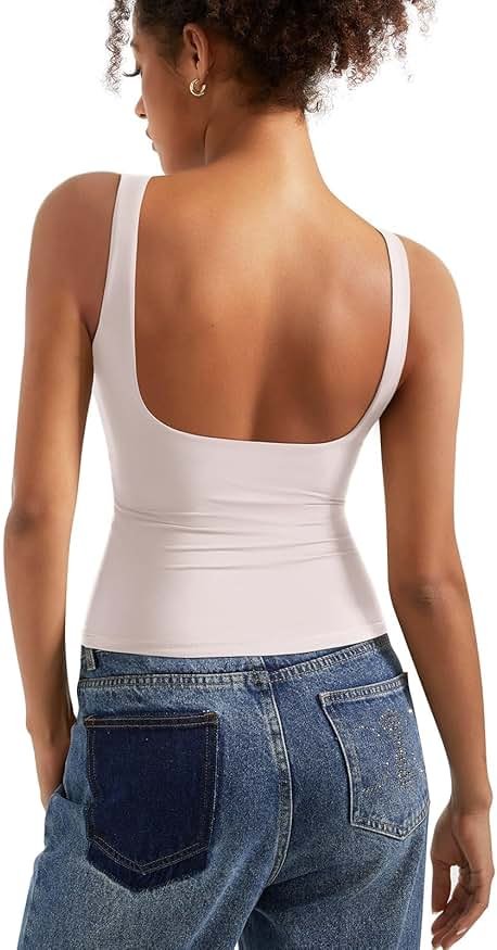 SUUKSESS Women Padded Open Back Boat Neck Tank Tops Double Lined Basic Shirts - Product Image