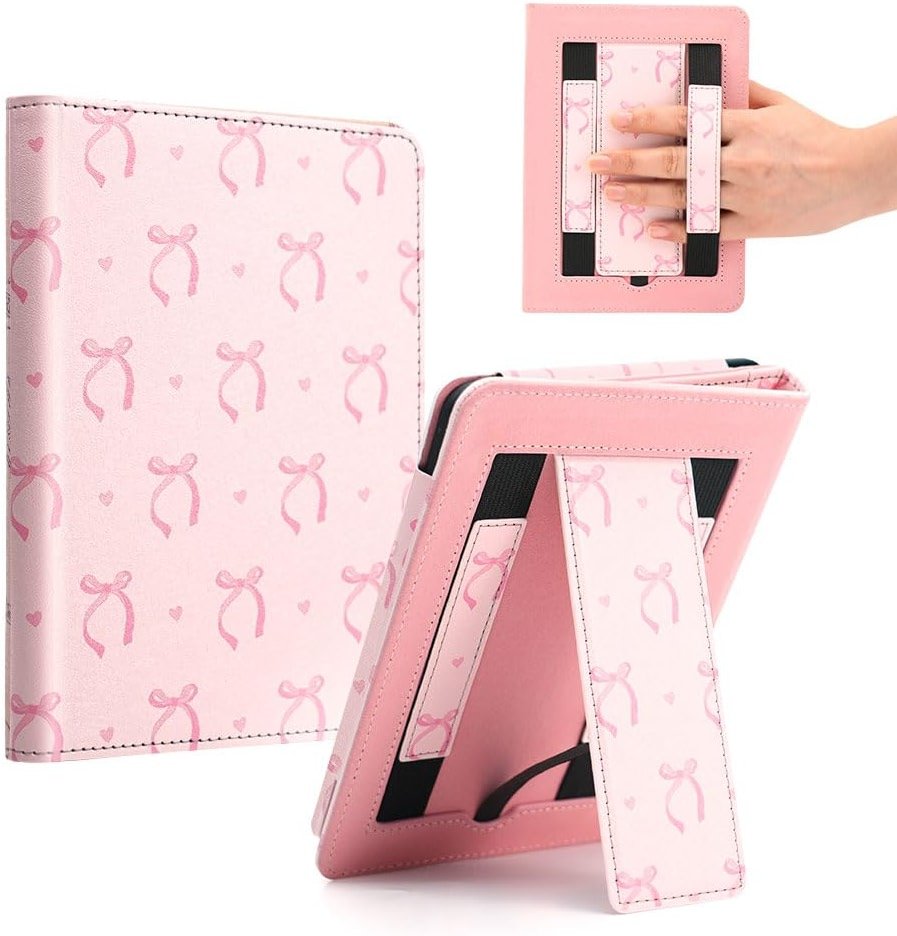 Pink Bow Case for 7"/ 6.8“ Kindle Paperwhite 12th/11th Generation,Hand Strap Stand Book Cover Sleeve for Kindle Colorsoft Signature Edition,2025 Cute Coquette Ereader Ebook Gifts - Product Image