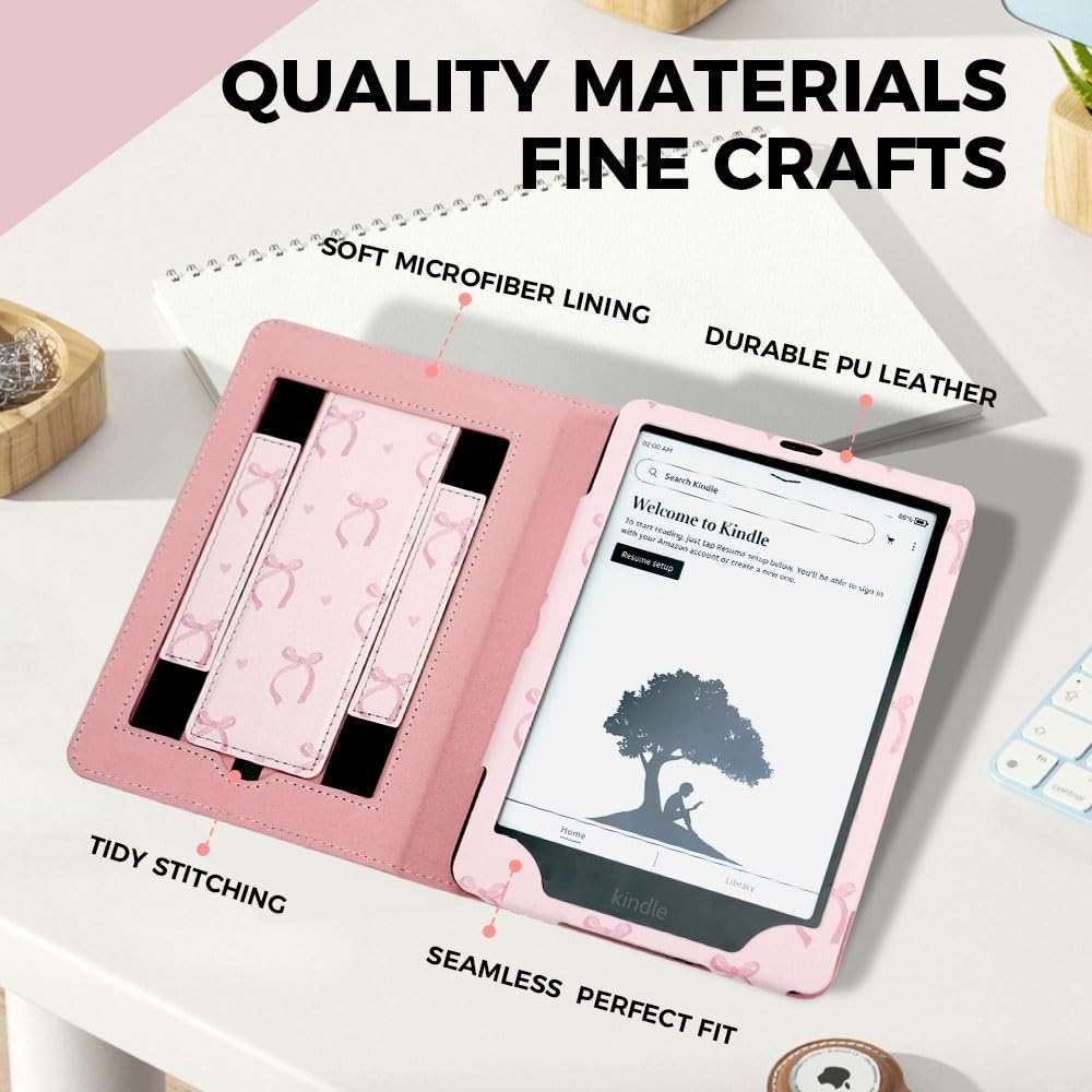 Pink Bow Case for 7"/ 6.8“ Kindle Paperwhite 12th/11th Generation,Hand Strap Stand Book Cover Sleeve for Kindle Colorsoft Signature Edition,2025 Cute Coquette Ereader Ebook Gifts - Image 7