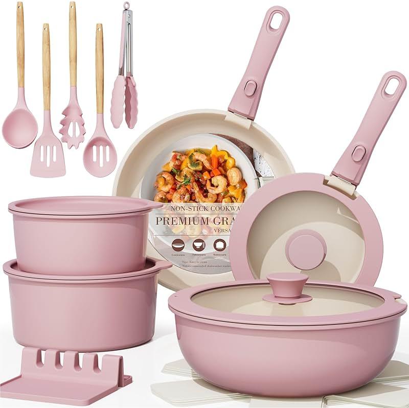 Astercook 21 Pcs Pots and Pans Non Stick Ceramic Cookware Set, Detachable Handles, RV Kitchen Cooking Set, Oven Safe, Induction Ready, Stackable, Pink by Astercook - Shop at Bazar