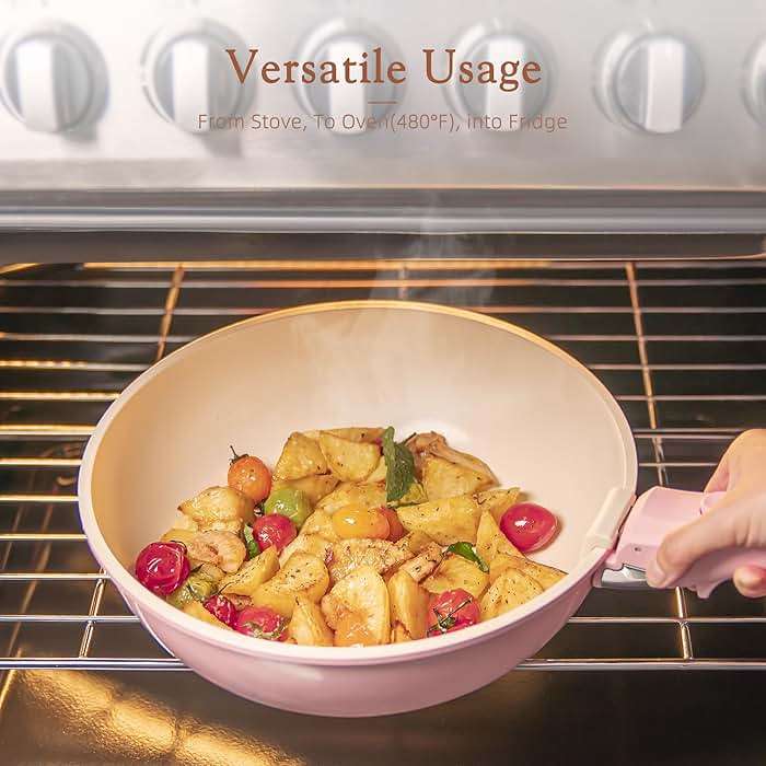 Astercook 21 Pcs Pots and Pans Non Stick Ceramic Cookware Set, Detachable Handles, RV Kitchen Cooking Set, Oven Safe, Induction Ready, Stackable, Pink - Image 5