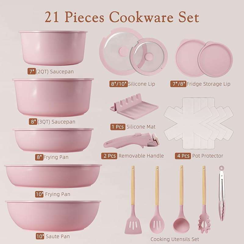 Astercook 21 Pcs Pots and Pans Non Stick Ceramic Cookware Set, Detachable Handles, RV Kitchen Cooking Set, Oven Safe, Induction Ready, Stackable, Pink - Image 9
