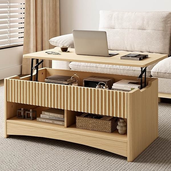 Amada Lift Top Coffee Table with Storage Shelf & Hidden Compartment, Modern Fluted Rectangle Dining Table for Living Room, Home Office,Natural Oak - Product Image