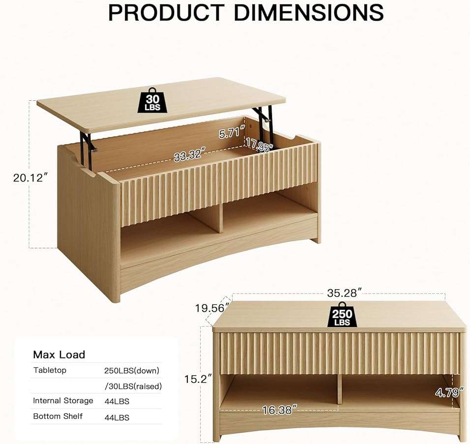 Amada Lift Top Coffee Table with Storage Shelf & Hidden Compartment, Modern Fluted Rectangle Dining Table for Living Room, Home Office,Natural Oak - Image 2
