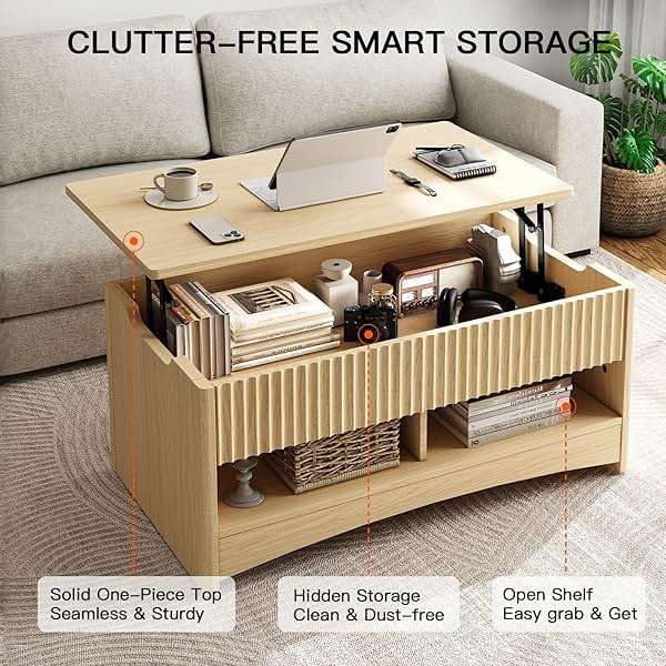 Amada Lift Top Coffee Table with Storage Shelf & Hidden Compartment, Modern Fluted Rectangle Dining Table for Living Room, Home Office,Natural Oak - Image 3