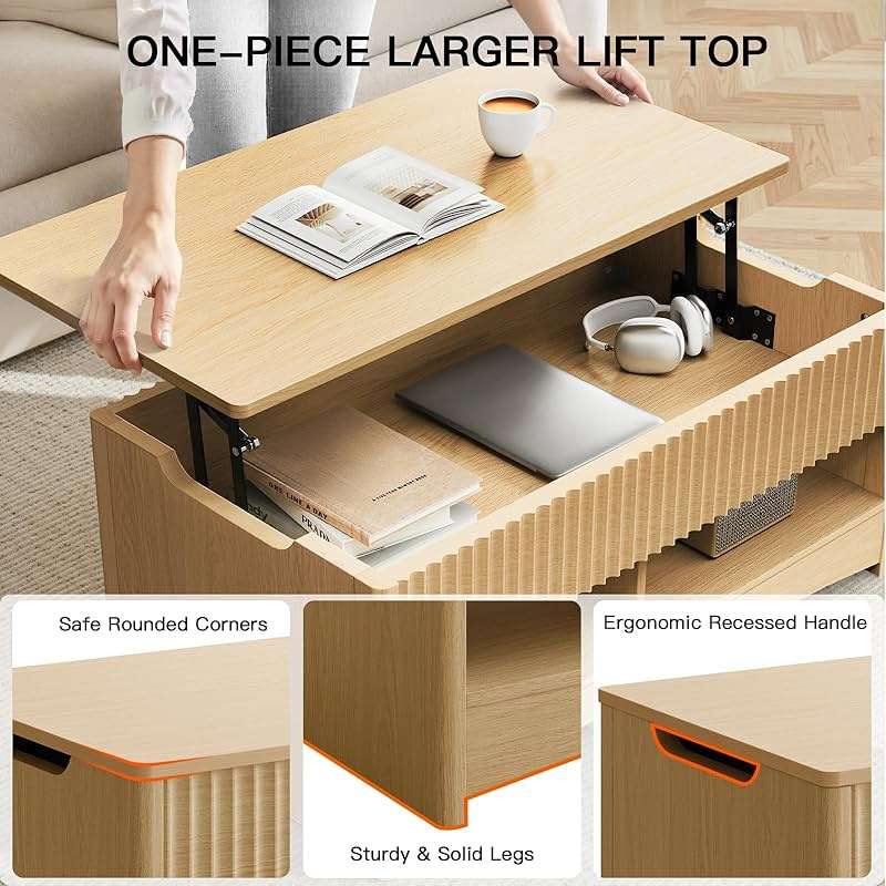 Amada Lift Top Coffee Table with Storage Shelf & Hidden Compartment, Modern Fluted Rectangle Dining Table for Living Room, Home Office,Natural Oak - Image 4
