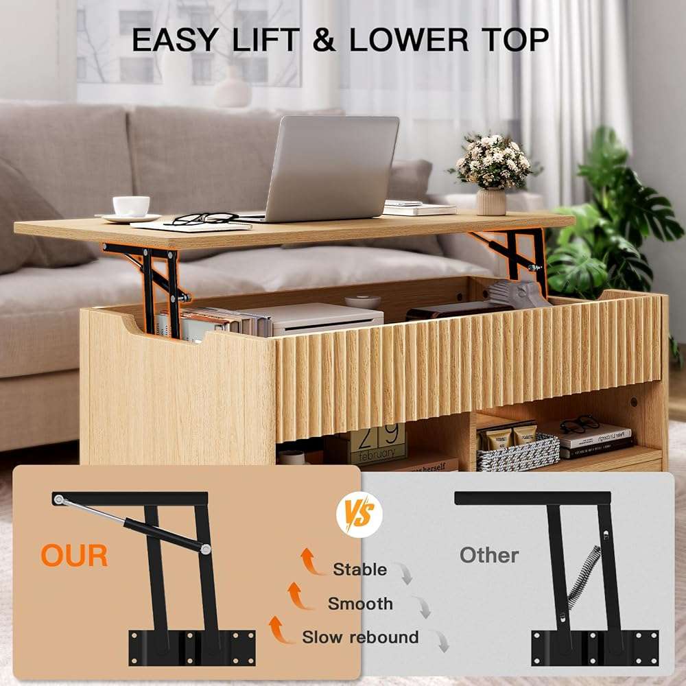 Amada Lift Top Coffee Table with Storage Shelf & Hidden Compartment, Modern Fluted Rectangle Dining Table for Living Room, Home Office,Natural Oak - Image 5