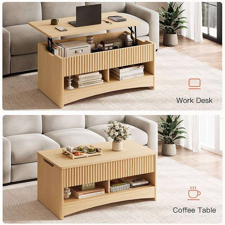 Amada Lift Top Coffee Table with Storage Shelf & Hidden Compartment, Modern Fluted Rectangle Dining Table for Living Room, Home Office,Natural Oak - Image 6