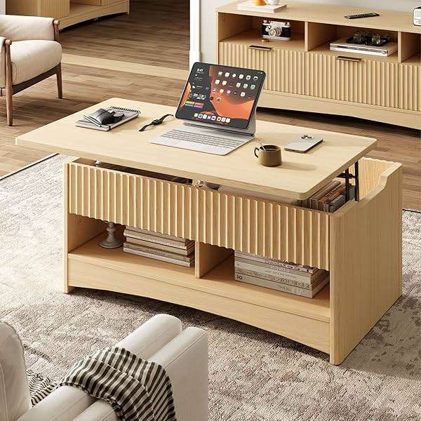 Amada Lift Top Coffee Table with Storage Shelf & Hidden Compartment, Modern Fluted Rectangle Dining Table for Living Room, Home Office,Natural Oak - Image 7