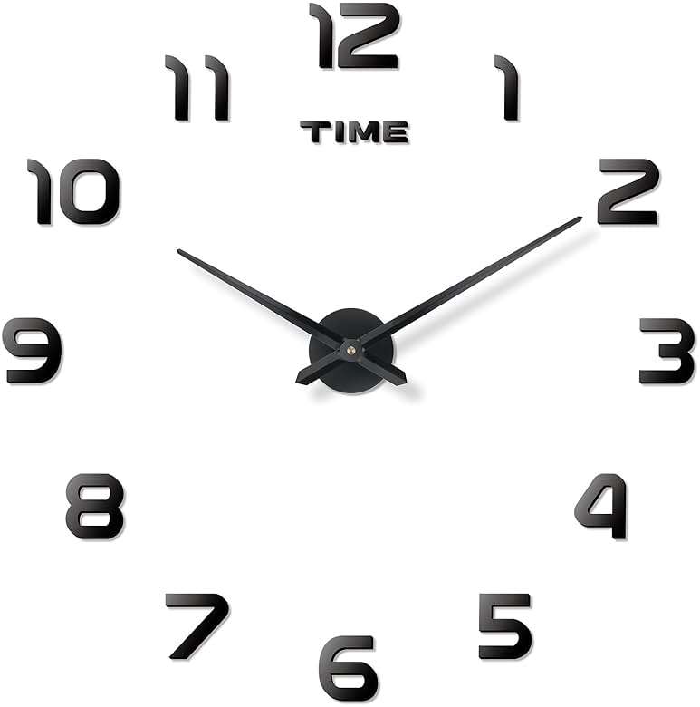 DaLianLian Big DIY Frameless Wall Clock Modern Large 3D Clock for Living Room Decor, Bedroom or Office Decoration Mirror Effect Arabic Numerals Metal Hands Silence Quartz Movement (Black) - Image 1