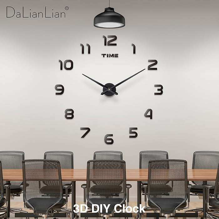 DaLianLian Big DIY Frameless Wall Clock Modern Large 3D Clock for Living Room Decor, Bedroom or Office Decoration Mirror Effect Arabic Numerals Metal Hands Silence Quartz Movement (Black) - Image 4