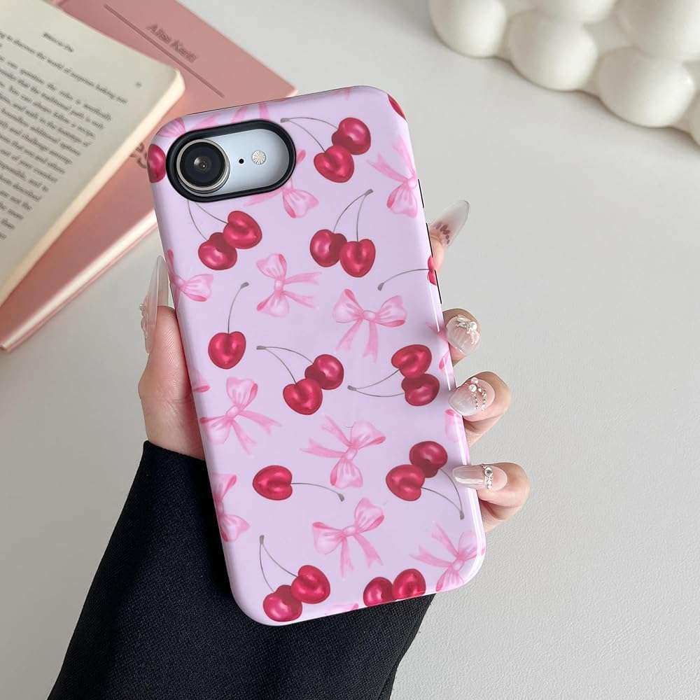DEFBSC Case for iPhone 17e/iPhone 16e, Cute Pink Bow Cherry Print Aesthetic Trendy Pattern for Women Girls Slim Durable Bumper Shockproof for iPhone 17e/iPhone 16e Case, Pink Ribbon/Glossy - Image 2