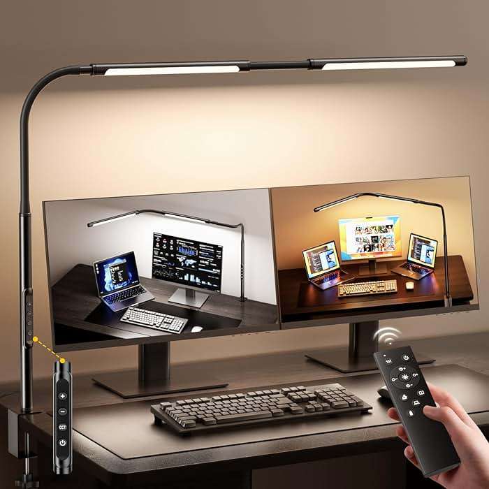 LED Desk Lamp for Home Office, Eye-Caring Desk Light with Adjustable Gooseneck, Dual Screen Computer Monitor Light with Stepless Dimming, Stepless Color Temp, Memory Function for Study, Workbench - Image 1