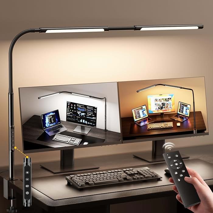 LED Desk Lamp for Home Office, Eye-Caring Desk Light with Adjustable Gooseneck, Dual Screen Computer Monitor Light with Stepless Dimming, Stepless Color Temp, Memory Function for Study, Workbench - Product Image