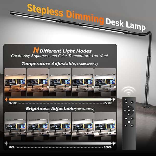 LED Desk Lamp for Home Office, Eye-Caring Desk Light with Adjustable Gooseneck, Dual Screen Computer Monitor Light with Stepless Dimming, Stepless Color Temp, Memory Function for Study, Workbench - Image 2