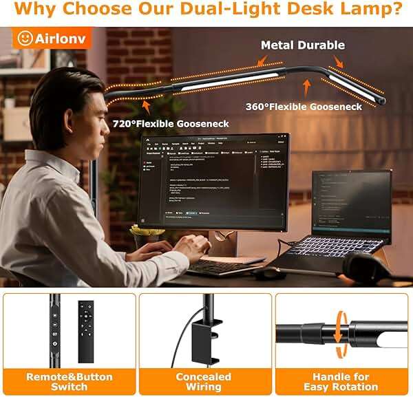 LED Desk Lamp for Home Office, Eye-Caring Desk Light with Adjustable Gooseneck, Dual Screen Computer Monitor Light with Stepless Dimming, Stepless Color Temp, Memory Function for Study, Workbench - Image 4