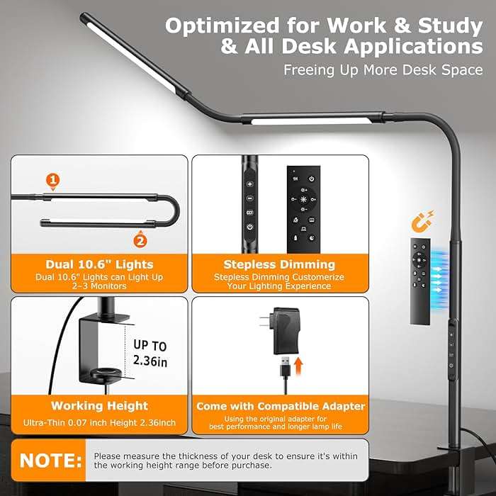 LED Desk Lamp for Home Office, Eye-Caring Desk Light with Adjustable Gooseneck, Dual Screen Computer Monitor Light with Stepless Dimming, Stepless Color Temp, Memory Function for Study, Workbench - Image 5