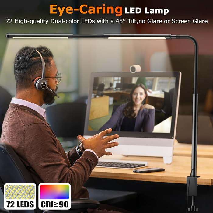 LED Desk Lamp for Home Office, Eye-Caring Desk Light with Adjustable Gooseneck, Dual Screen Computer Monitor Light with Stepless Dimming, Stepless Color Temp, Memory Function for Study, Workbench - Image 7