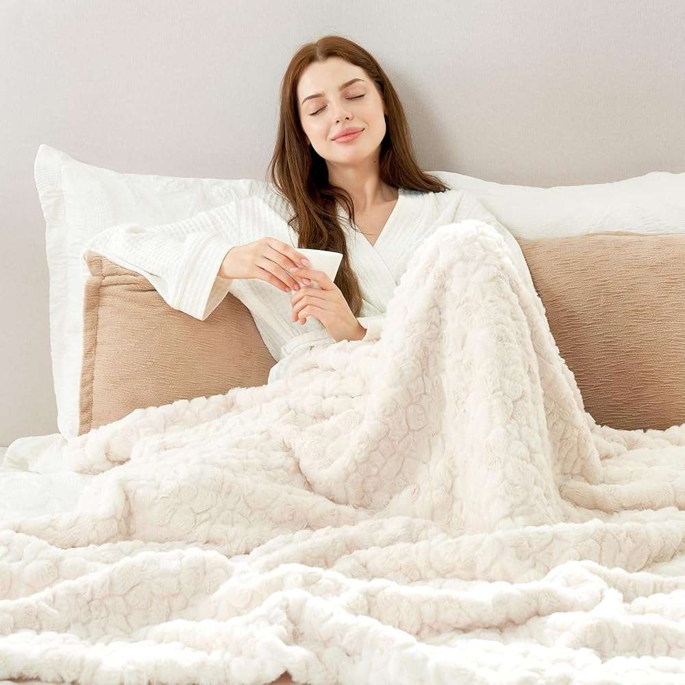 Cozy Bliss Faux Fur Throw Blanket for Couch, Fuzzy Soft Plush Thick Warm Fluffy Reversible Wave Textured Blanket for Sofa Bedroom Living Room, 55 * 70 Inches Cream White - Image 3