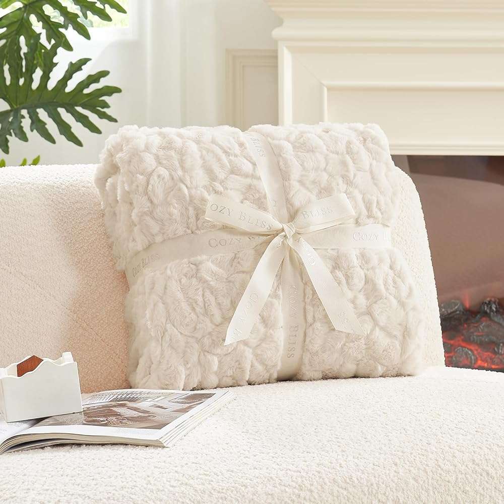 Cozy Bliss Faux Fur Throw Blanket for Couch, Fuzzy Soft Plush Thick Warm Fluffy Reversible Wave Textured Blanket for Sofa Bedroom Living Room, 55 * 70 Inches Cream White - Image 4