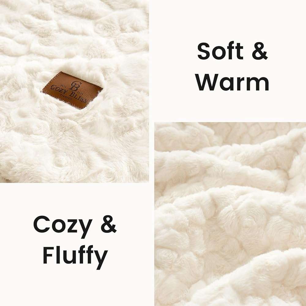 Cozy Bliss Faux Fur Throw Blanket for Couch, Fuzzy Soft Plush Thick Warm Fluffy Reversible Wave Textured Blanket for Sofa Bedroom Living Room, 55 * 70 Inches Cream White - Image 6