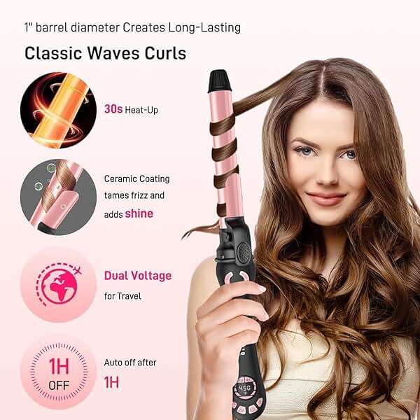 Rotating Curling Iron - 1 Inch Automatic Curling Iron for Fast Long-Lasting Curler Waves, Dual Voltage Automatic Hair Curler with Adjustable Temp and LCD Display for Effortless Waves, Rose Gold - Image 4