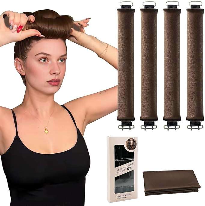 jejucy Heatless Curls Overnight, 5 Pcs Heatless Hair Curlers to Sleep in Soft Overnight Blowout Rods No Heat Hair Rollers Curling Rods for Women Blowout Look Long Hair - Brown - Image 1