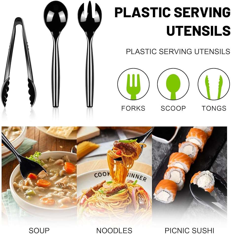 Dualshine 24 Pcs Disposable Black Plastic Serving Utensils,8 Set Including 9.72" Plastic Serving Spoons, Forks and 8.46" Tongs, for Dinner Parties, Buffets,Banquets, Events, Weddings, and Daily Use - Image 3