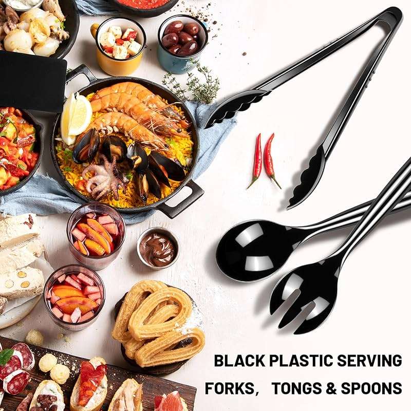 Dualshine 24 Pcs Disposable Black Plastic Serving Utensils,8 Set Including 9.72" Plastic Serving Spoons, Forks and 8.46" Tongs, for Dinner Parties, Buffets,Banquets, Events, Weddings, and Daily Use - Image 5