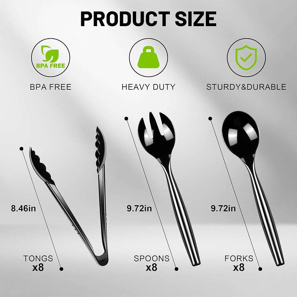 Dualshine 24 Pcs Disposable Black Plastic Serving Utensils,8 Set Including 9.72" Plastic Serving Spoons, Forks and 8.46" Tongs, for Dinner Parties, Buffets,Banquets, Events, Weddings, and Daily Use - Image 7
