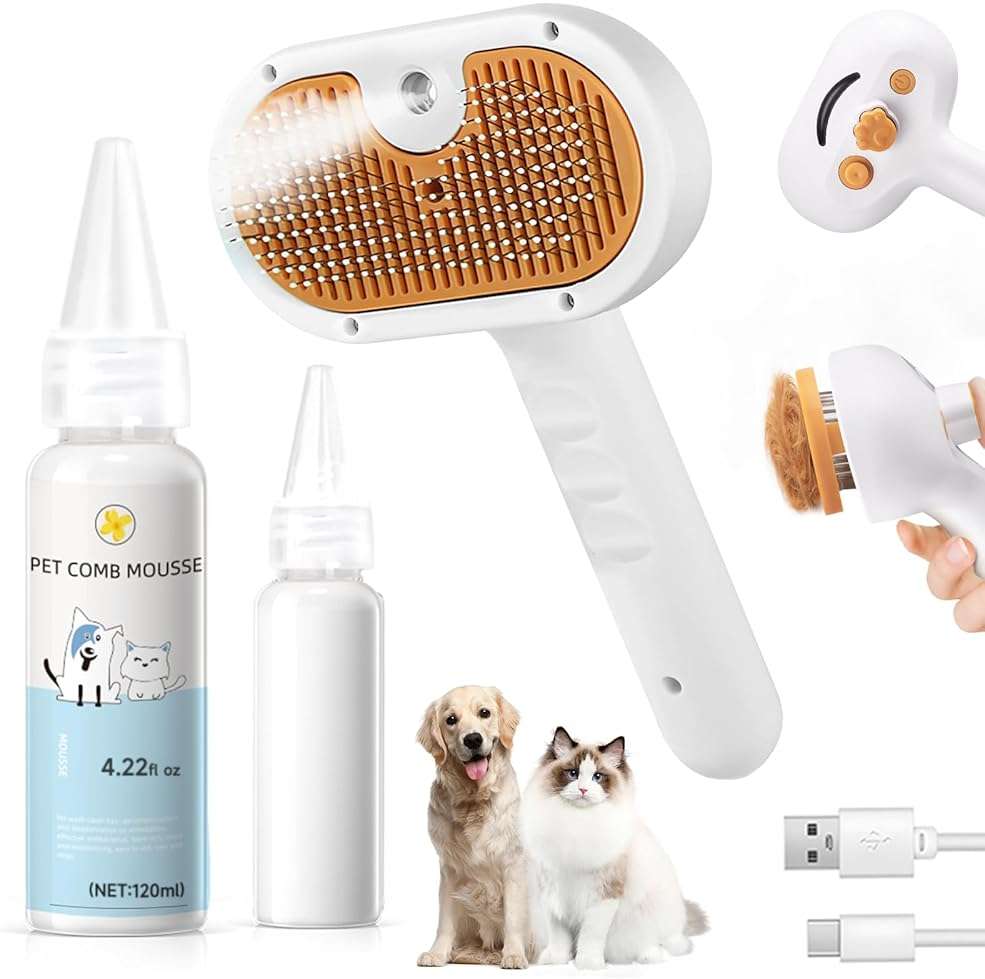 Pet Steam Brush for Dog & Cat – 3-in-1 Spray Hair Removal Comb – Steam for Shedding & Grooming – Water Brush for Long & Short Haired Pets – Spritz Defur Comb – Includes Waterless Shampoo - Image 1
