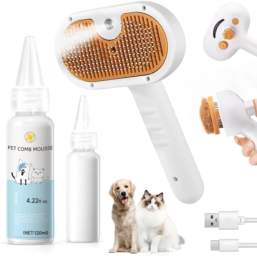 Pet Steam Brush for Dog & Cat – 3-in-1 Spray Hair Removal Comb – Steam for Shedding & Grooming – Water Brush for Long & Short Haired Pets – Spritz Defur Comb – Includes Waterless Shampoo - Product Image