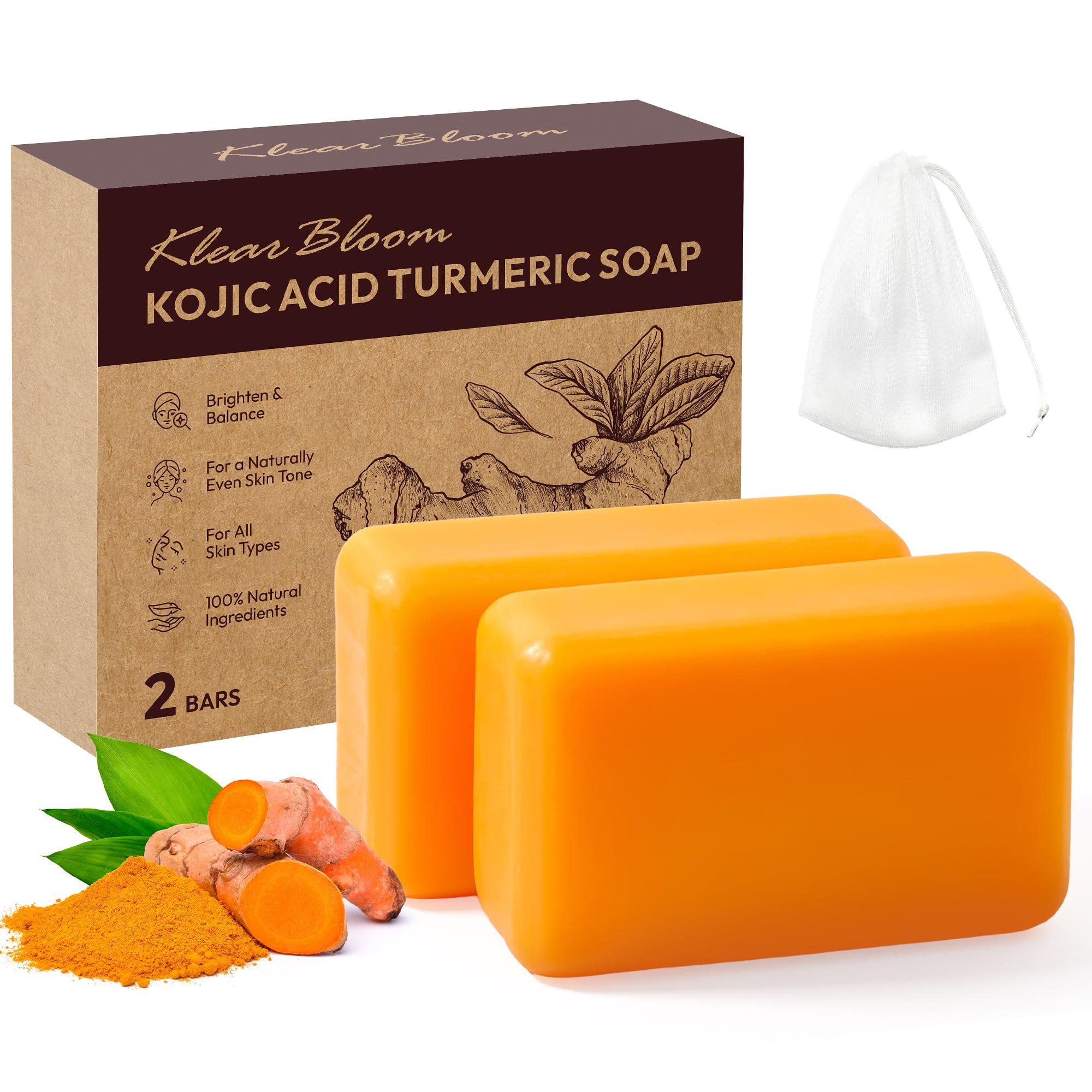 KlearBloom Kojic Acid Soap, Turmeric Soap Bar for Dark Spots Brightening & Moisturizing with Collagen, Vitamin E, Retinol, Hyaluronic Acid, Shea Butter, Paraben & Sulfate-Free 105g x 2 Bars - Product Image