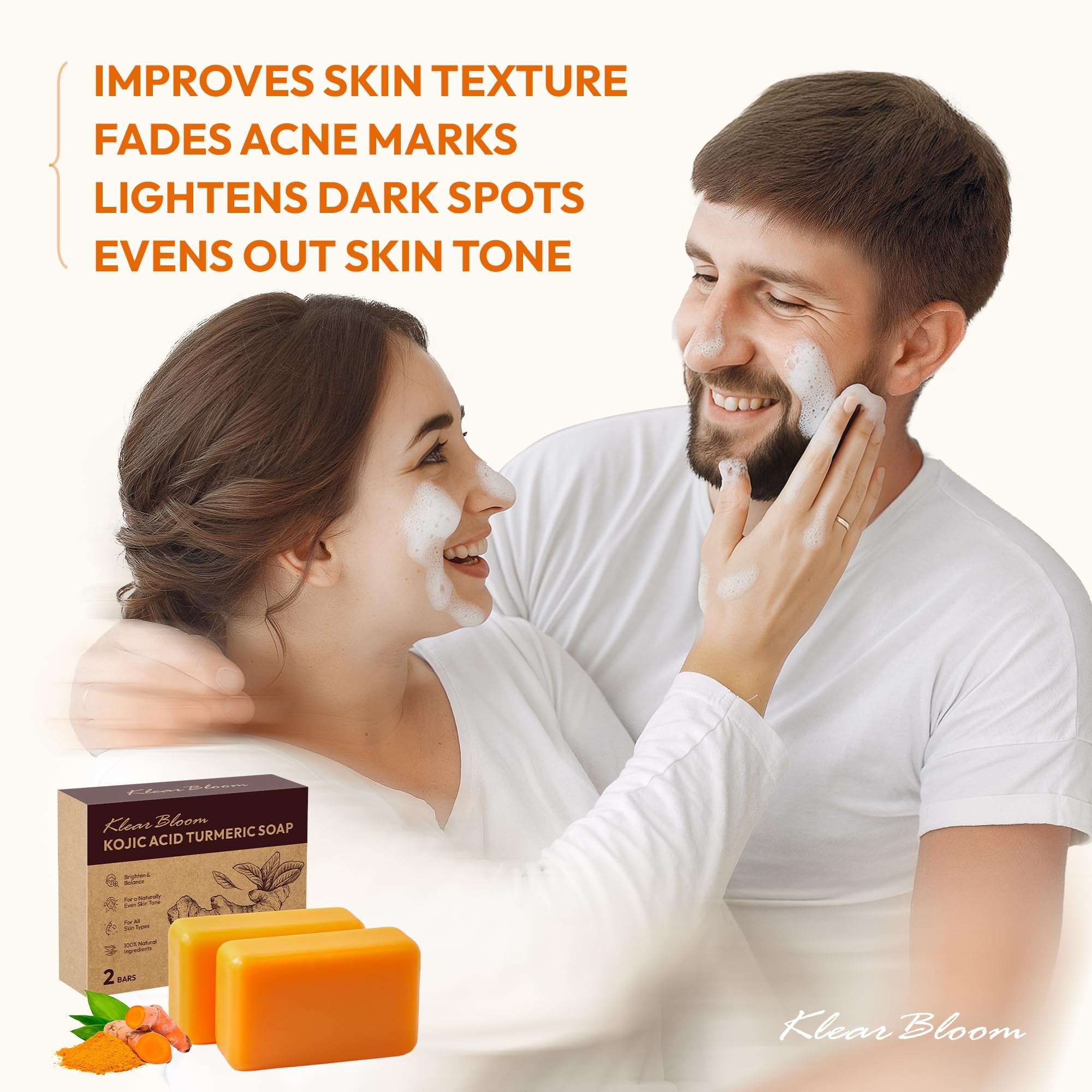 KlearBloom Kojic Acid Soap, Turmeric Soap Bar for Dark Spots Brightening & Moisturizing with Collagen, Vitamin E, Retinol, Hyaluronic Acid, Shea Butter, Paraben & Sulfate-Free 105g x 2 Bars - Image 4