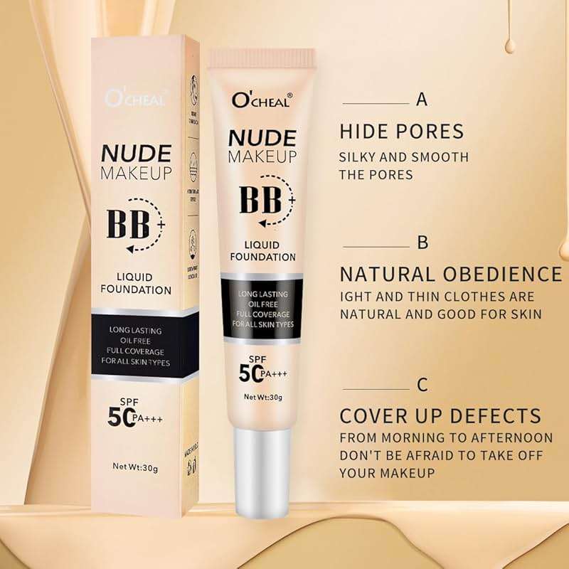 O'CHEAL BB Cream with SPF 50+ | Full Coverage Tinted Moisturizer with Buildable Concealer Powder Foundation, Oil-Free, Hydrating & Matte Finish | Vegan, Cruelty-Free, for All Skin Types(Natural) - Image 5