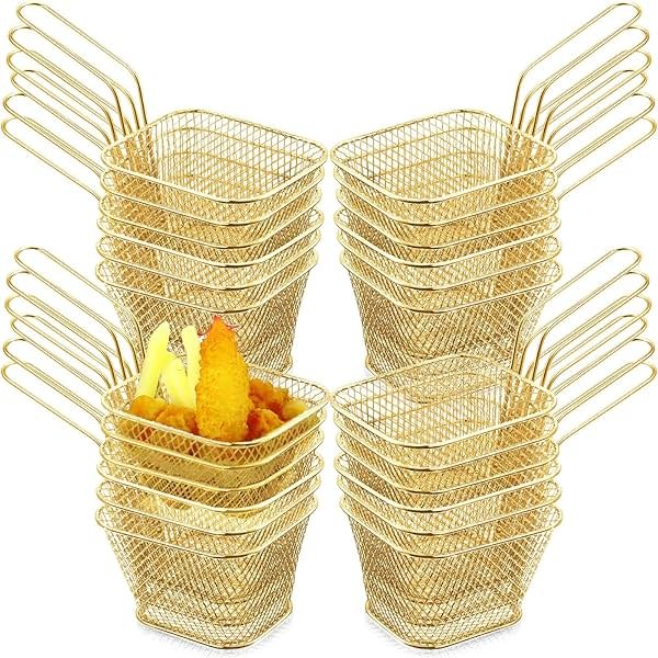 Potchen 24 Pcs Mini Square Fry Basket Stainless Steel French Fries Holder Deep Fryer Baskets Square Mesh Food Holder with Handle Table Serving Chips Baskets for Kitchen Restaurant Barbecue (Gold) - Product Image