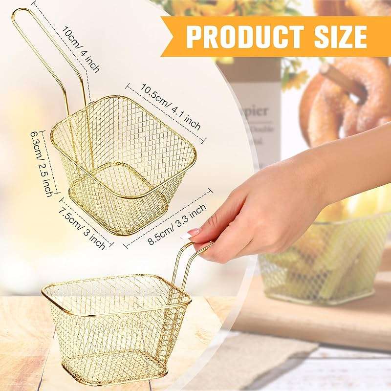 Potchen 24 Pcs Mini Square Fry Basket Stainless Steel French Fries Holder Deep Fryer Baskets Square Mesh Food Holder with Handle Table Serving Chips Baskets for Kitchen Restaurant Barbecue (Gold) - Image 3