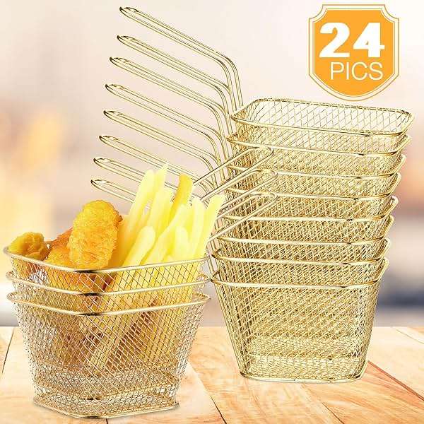 Potchen 24 Pcs Mini Square Fry Basket Stainless Steel French Fries Holder Deep Fryer Baskets Square Mesh Food Holder with Handle Table Serving Chips Baskets for Kitchen Restaurant Barbecue (Gold) - Image 4