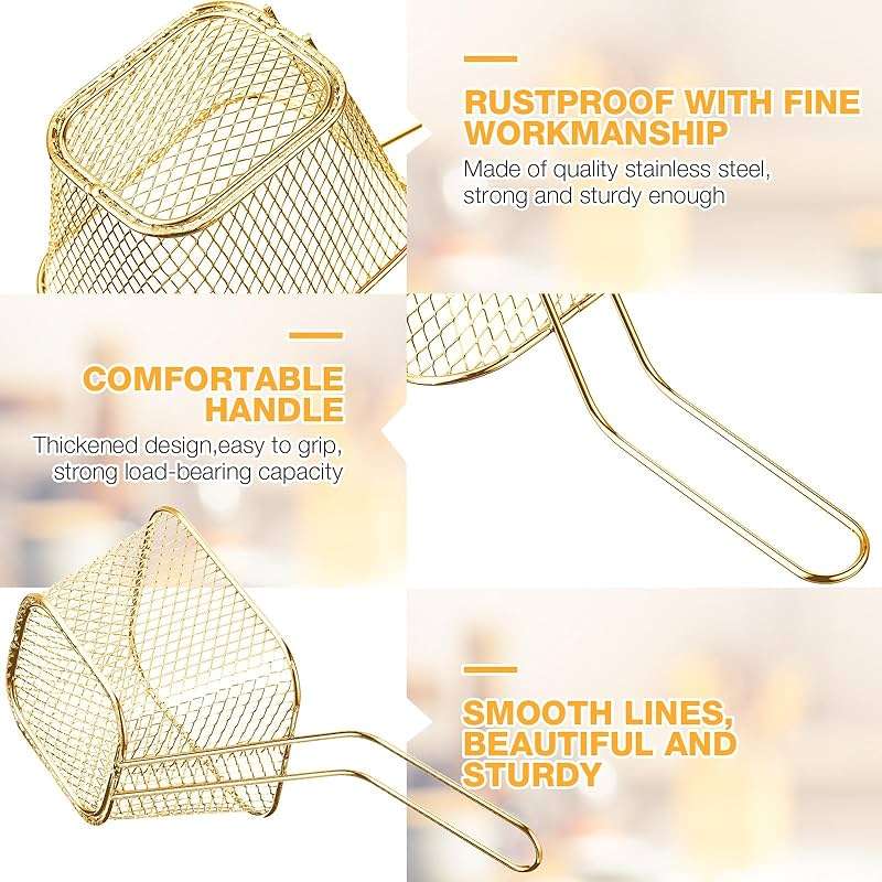 Potchen 24 Pcs Mini Square Fry Basket Stainless Steel French Fries Holder Deep Fryer Baskets Square Mesh Food Holder with Handle Table Serving Chips Baskets for Kitchen Restaurant Barbecue (Gold) - Image 5