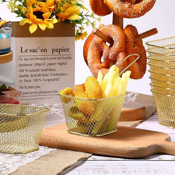 Potchen 24 Pcs Mini Square Fry Basket Stainless Steel French Fries Holder Deep Fryer Baskets Square Mesh Food Holder with Handle Table Serving Chips Baskets for Kitchen Restaurant Barbecue (Gold) - Image 7