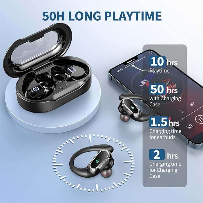Wireless Earbuds, 2026 Bluetooth 5.4 Headphones Sport, 60Hrs HiFi Stereo Deep Bass Over-Ear buds with ENC Noise Cancelling Mic, IP7 Waterproof & LED Display Earphones with Earhooks for Workout/Running - Image 6