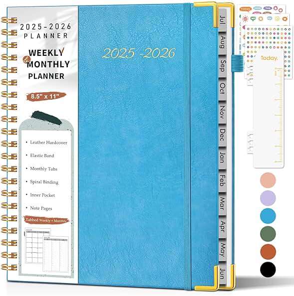 2026 Planner, Weekly and Monthly Calendar Planner from January 2026 - December 2026, 8.5" x 11" Hardcover Leather Hourly Appointment Book with Tabs, Spiral Daily Planners for College School Work Home, Sky Blue - Image 1