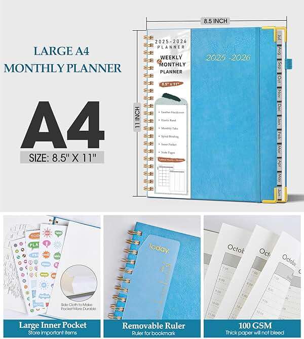 2026 Planner, Weekly and Monthly Calendar Planner from January 2026 - December 2026, 8.5" x 11" Hardcover Leather Hourly Appointment Book with Tabs, Spiral Daily Planners for College School Work Home, Sky Blue - Image 5