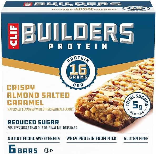 CLIF BUILDERS Protein Bars - Crispy Almond Salted Caramel - Reduced Sugar - Gluten Free - 16g Protein - No Artificial Sweeteners - 1.97 oz. (6 Pack) - Product Image