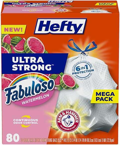 Hefty Ultra Strong 13 Gallon Trash Bags, Tall Kitchen Trash Bags 13 Gallon Size, Resist Leaks, Punctures, and Rips, Continuous Odor Control, White, Fabuloso Watermelon Scent, 80 Bags - Image 1