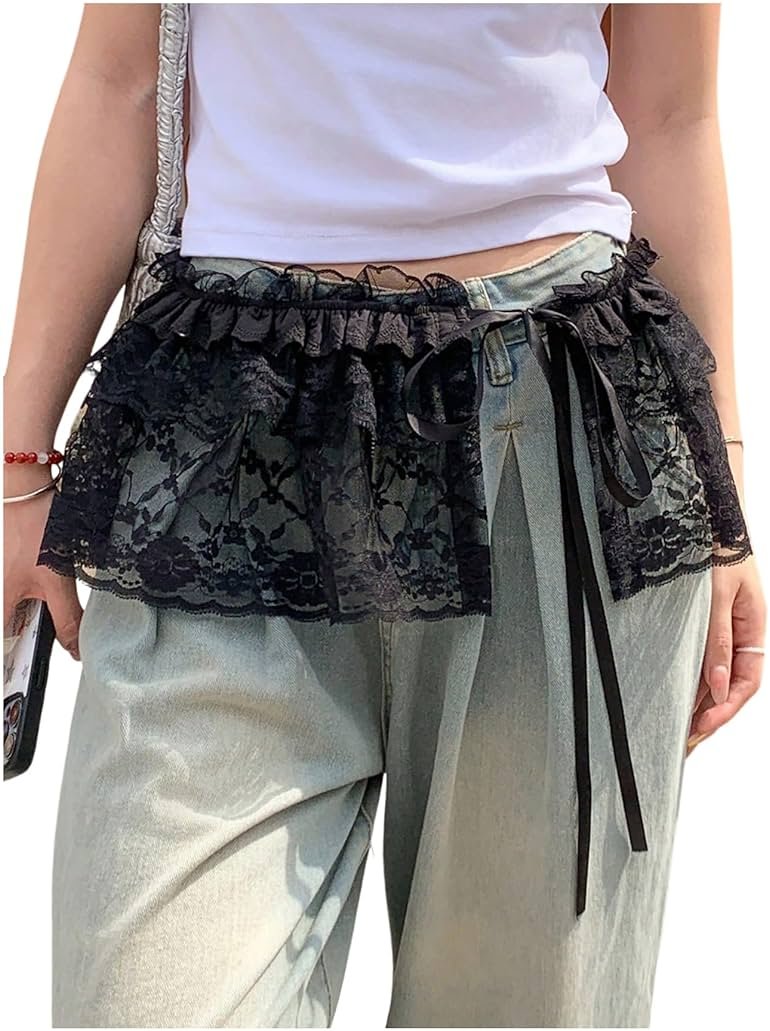 SHENHE Women's Sheer Lace Wrap Mini Skirt Tie Side Ruffle Layering Micro Skirt Waist Accessory - Product Image